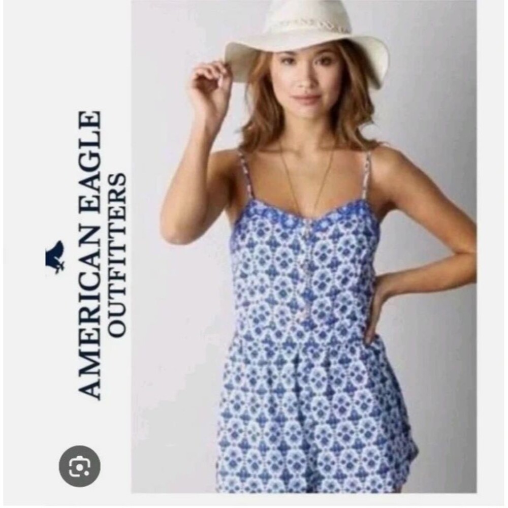 American Eagle Outfitters Blue/White Geometric Strappy Button Romper, Women’s S